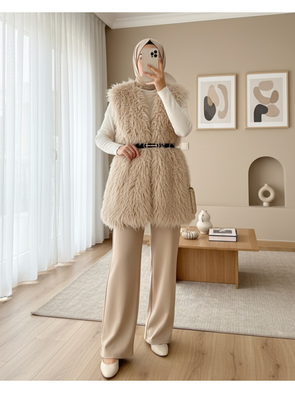 Kemerli Yan Cepli Kürklü Astarlı Yelek -Açık Vizon