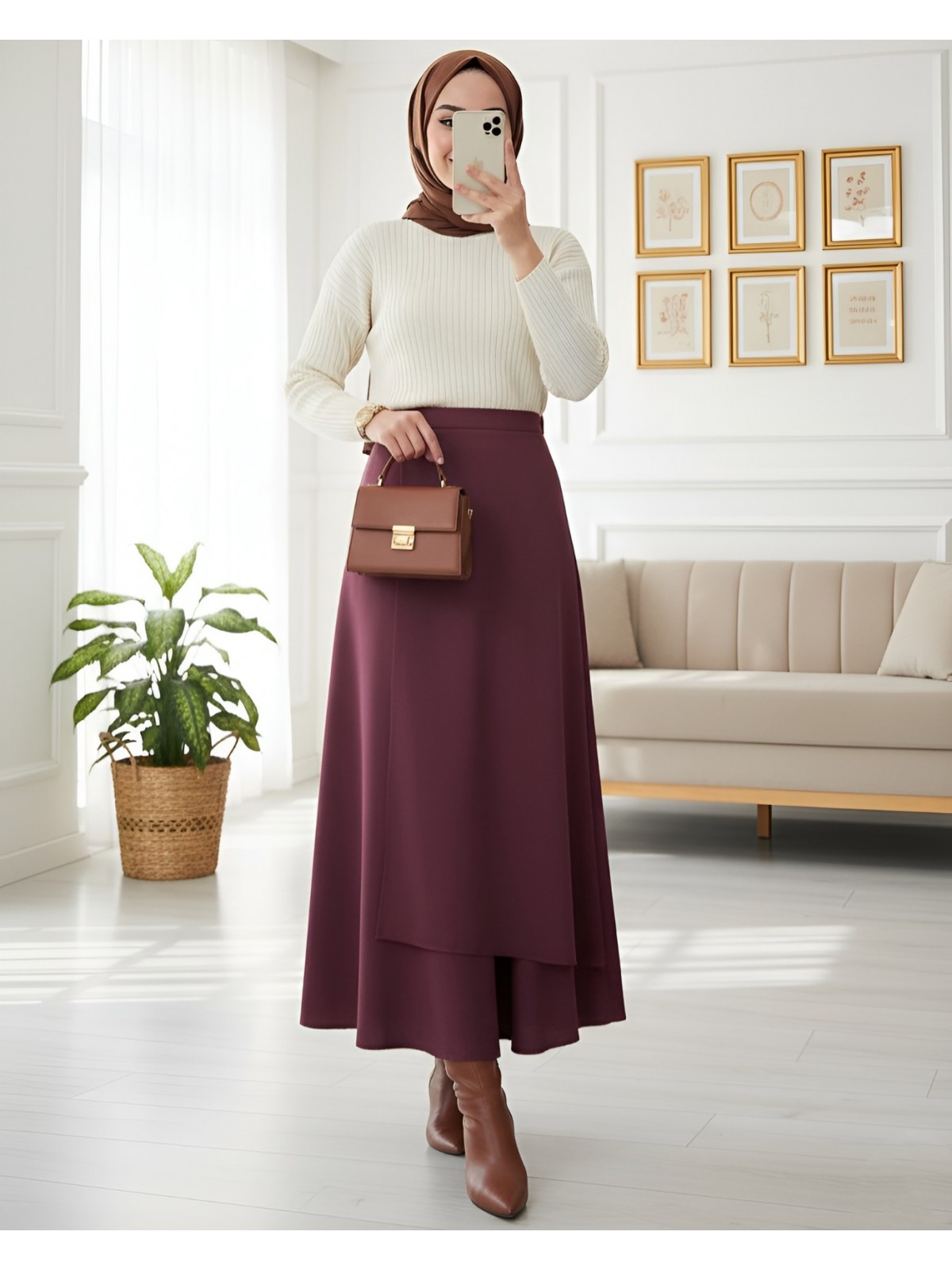 Önü Çapraz Çift Katlı Scuba Etek -Bordo