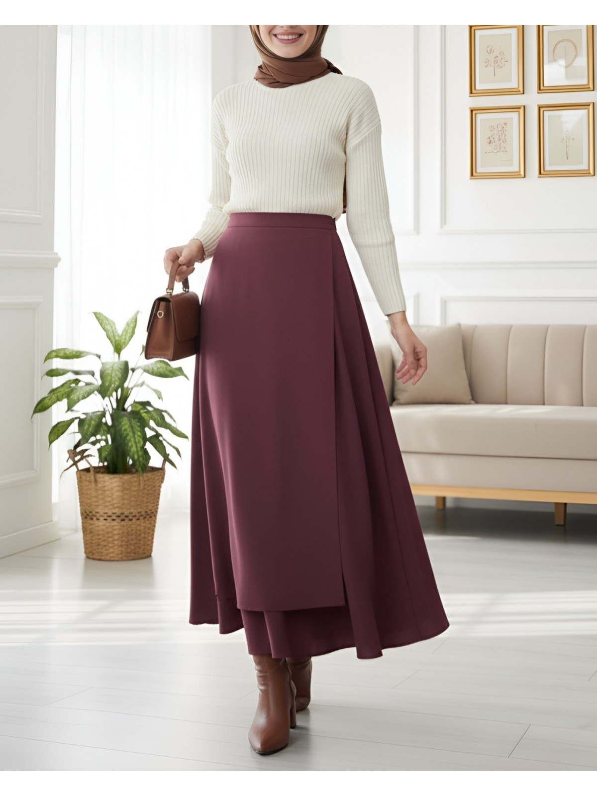 Önü Çapraz Çift Katlı Scuba Etek -Bordo