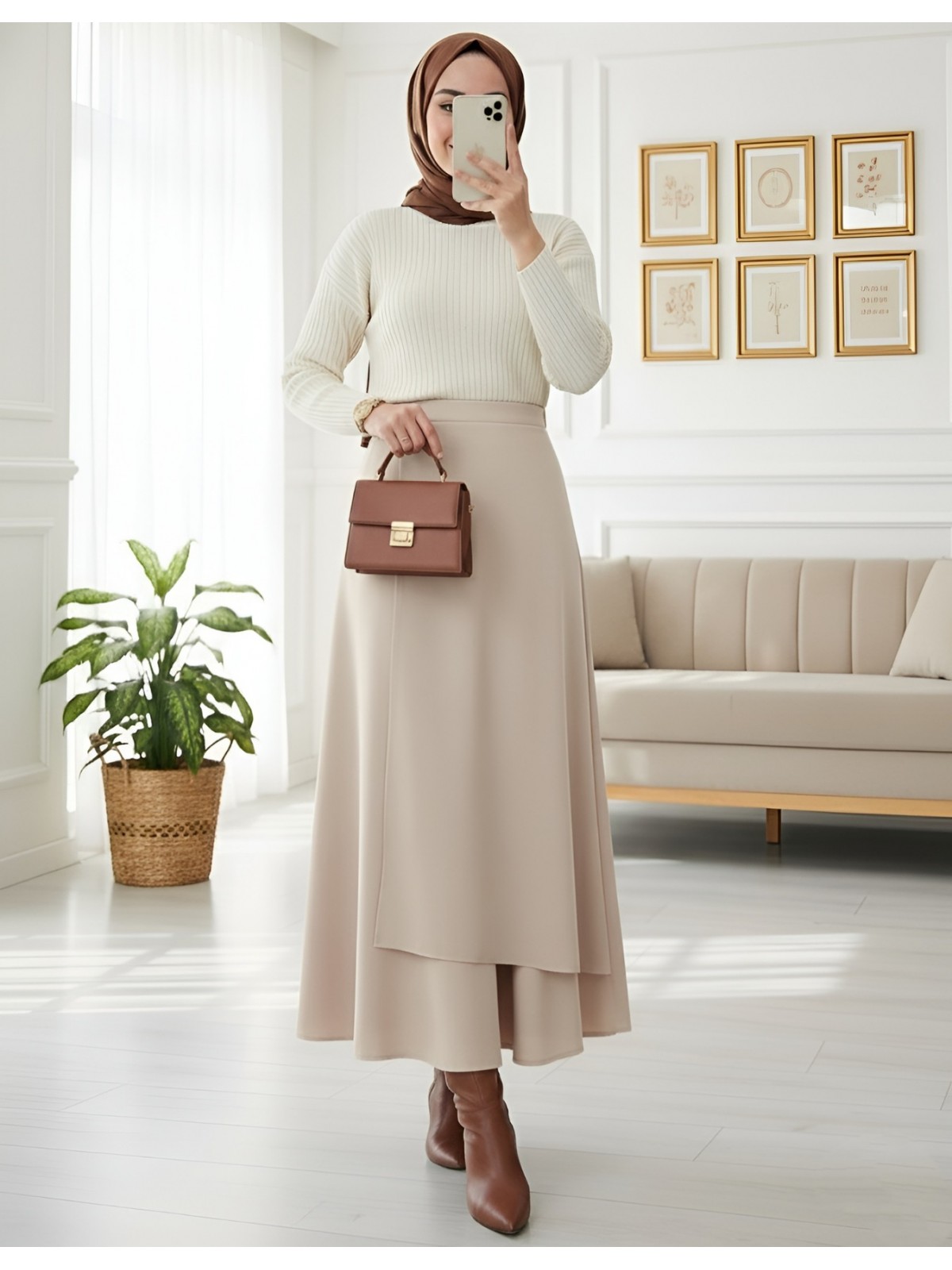 Önü Çapraz Çift Katlı Scuba Etek -Bej