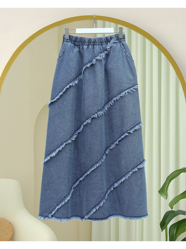 Püskül Detaylı Beli Lastikli Kot Etek  -Mavi