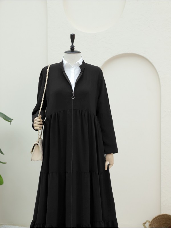 Boydan Fermuarlı Kolu Lastikli Parçalı Ayrobin Ferace -Siyah