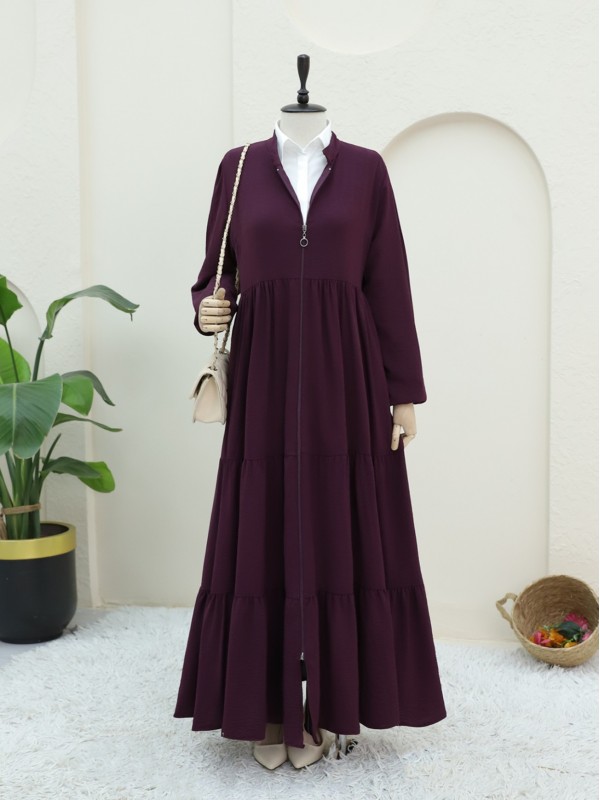 Boydan Fermuarlı Kolu Lastikli Parçalı Ayrobin Ferace -Mürdüm