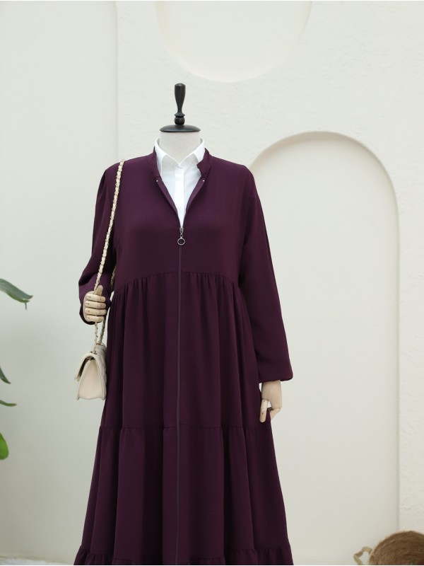 Boydan Fermuarlı Kolu Lastikli Parçalı Ayrobin Ferace -Mürdüm