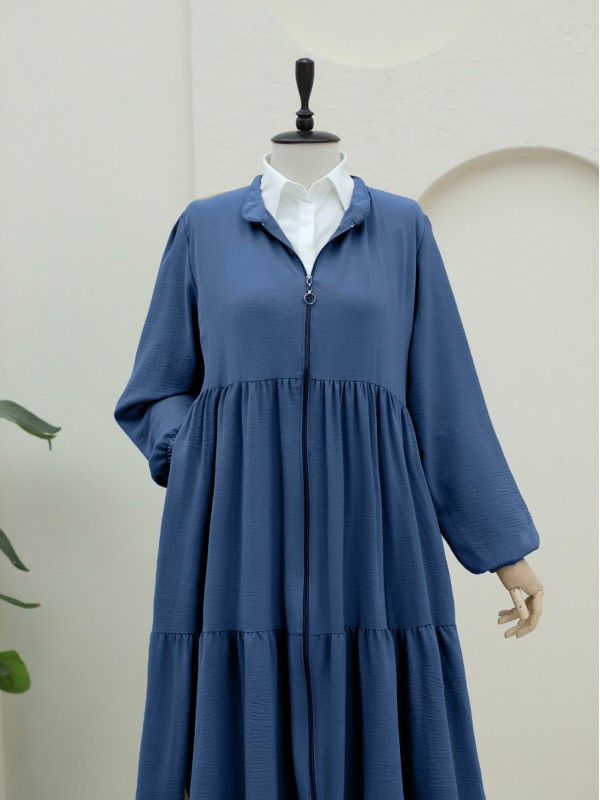 Boydan Fermuarlı Kolu Lastikli Parçalı Ayrobin Ferace -İndigo