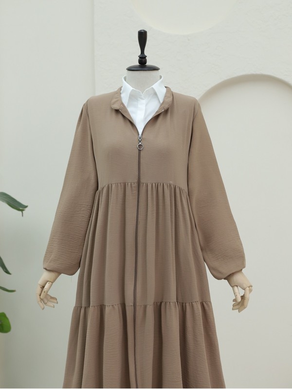 Boydan Fermuarlı Kolu Lastikli Parçalı Ayrobin Ferace -Vizon