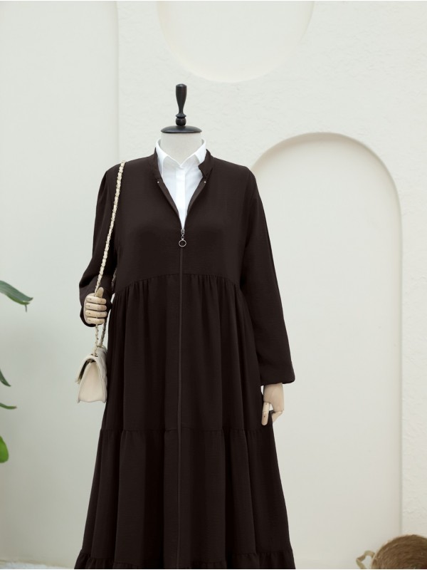 Boydan Fermuarlı Kolu Lastikli Parçalı Ayrobin Ferace -K. Kahve