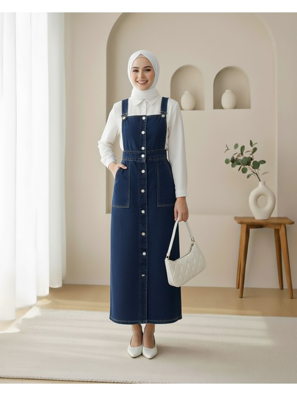 Boydan Düğmeli Çift Cepli Kot Salopet   -Laci