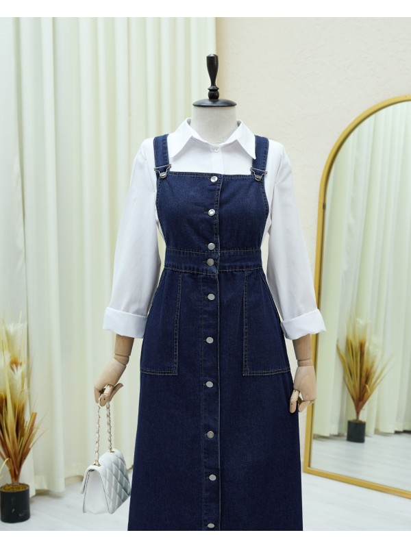 Boydan Düğmeli Çift Cepli Kot Salopet   -Laci