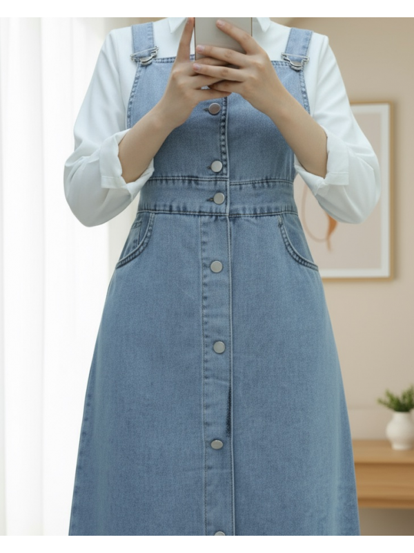 Eteği Püskül Detaylı Önü Düğmeli Cepli Kot Salopet -Buz Mavi