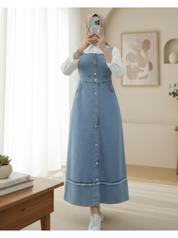 Eteği Püskül Detaylı Önü Düğmeli Cepli Kot Salopet -Buz Mavi