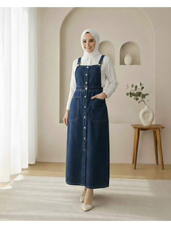 Boydan Düğmeli Çift Cepli Kot Salopet  -Laci