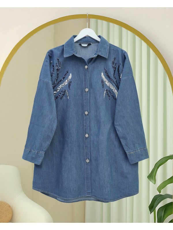 Pul Payetli Metal Düğmeli Salaş Kot Gömlek -İndigo