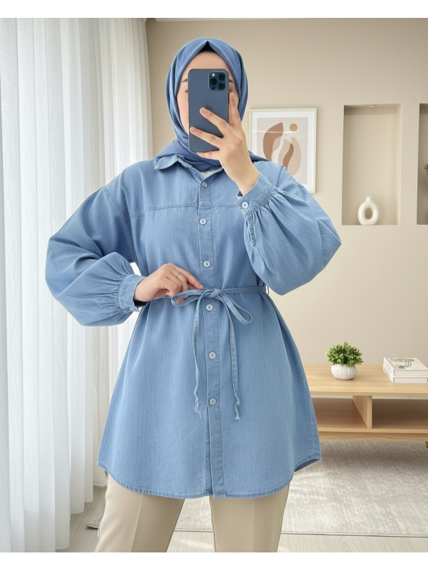 Düğmeli Beli Bağcıklı Kot Gömlek -Açık Mavi