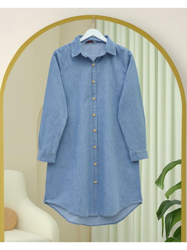 Ahşap Düğmeli Uzun Kot Tunik  -Açık Mavi