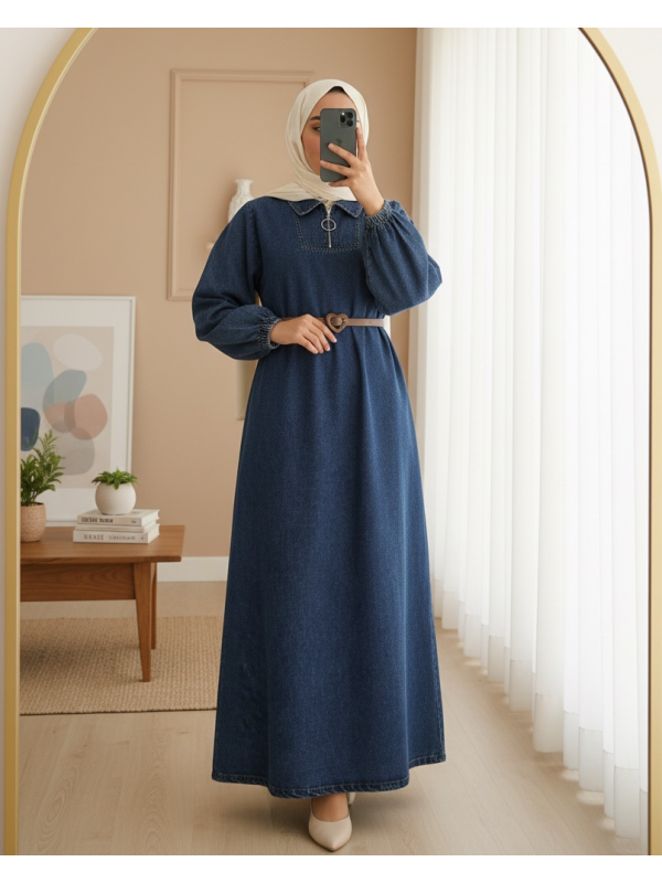 Yarım Boğazlı Fermuarlı Cepli Kot Elbise -İndigo