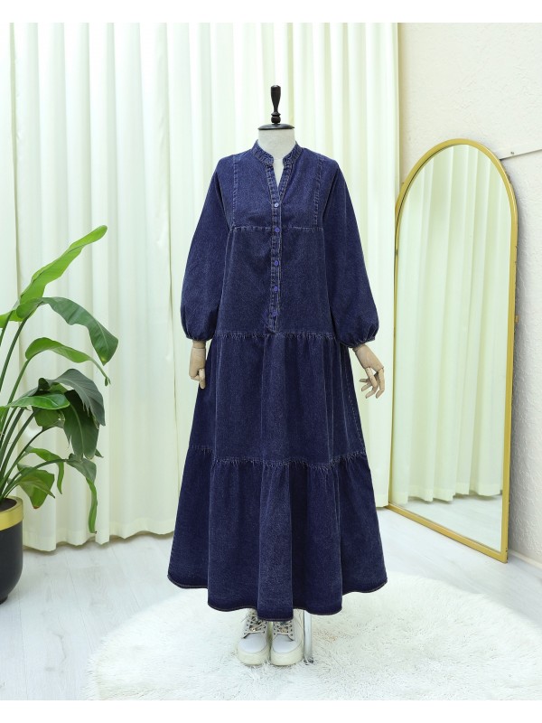 Yarım Düğmeli Kolu Lastikli Yarasa Kol Kot Elbise  -Laci