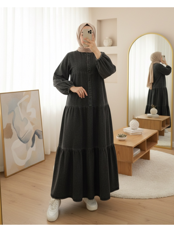 Yarım Düğmeli Kolu Lastikli Yarasa Kol Kot Elbise -Füme