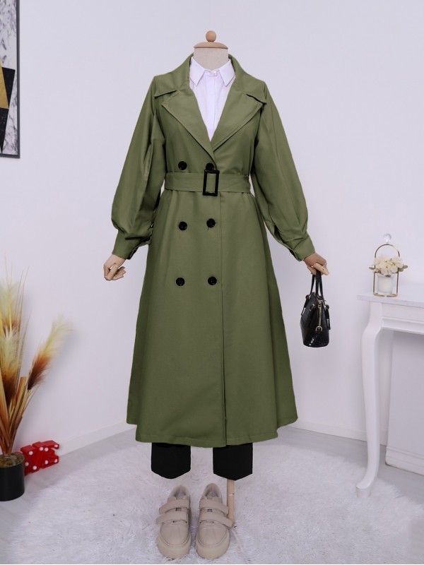 Balon Kol Tokalı Kemerli Yan Cepli Trençkot    -Haki