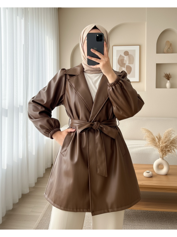 Çift Cepli Düğmeli Kolu Lastikli Deri Kap  -Taba