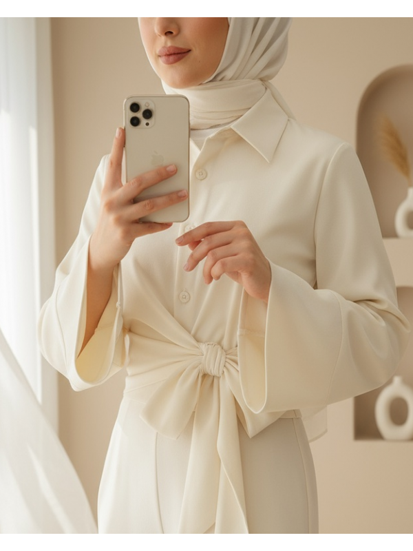 Yan Bağlamalı İspanyol Kol Düğmeli Gömlek    -Ekru