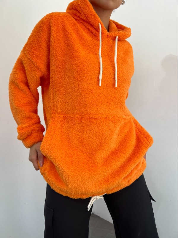Kanguru Cepli Kapşonlu Bağcıklı Peluş Sweat -Turuncu