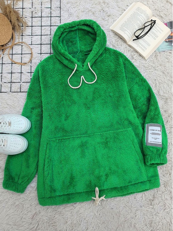 Kanguru Cepli Kapşonlu Bağcıklı Peluş Sweat -Yeşil