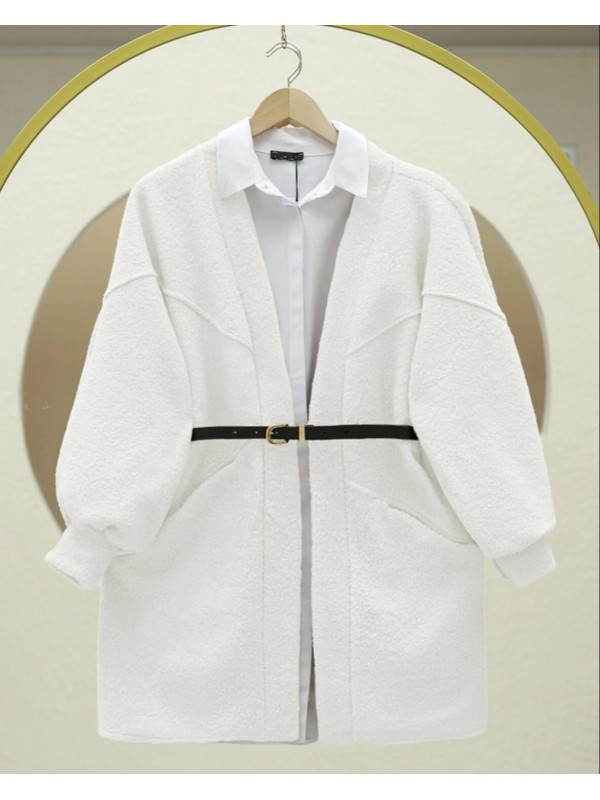 Cepli Balon Kol Oversize Buklet Ceket  -Beyaz