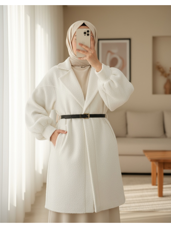 Cepli Balon Kol Oversize Buklet Ceket  -Beyaz