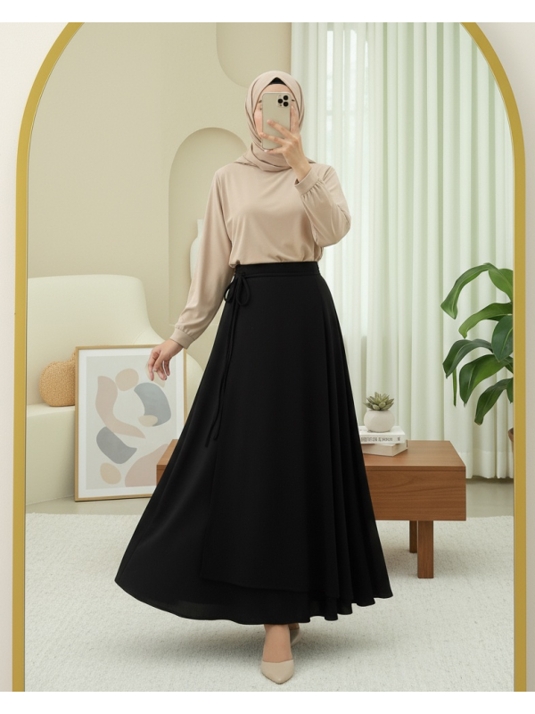 Yandan Bağlama Detaylı Katlı Fermuarlı Scuba Etek -Siyah