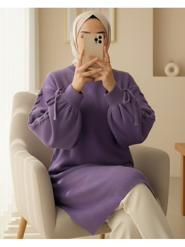Yuvarlak Yaka Kolu Örgü Detaylı Triko Kazak     -Mor