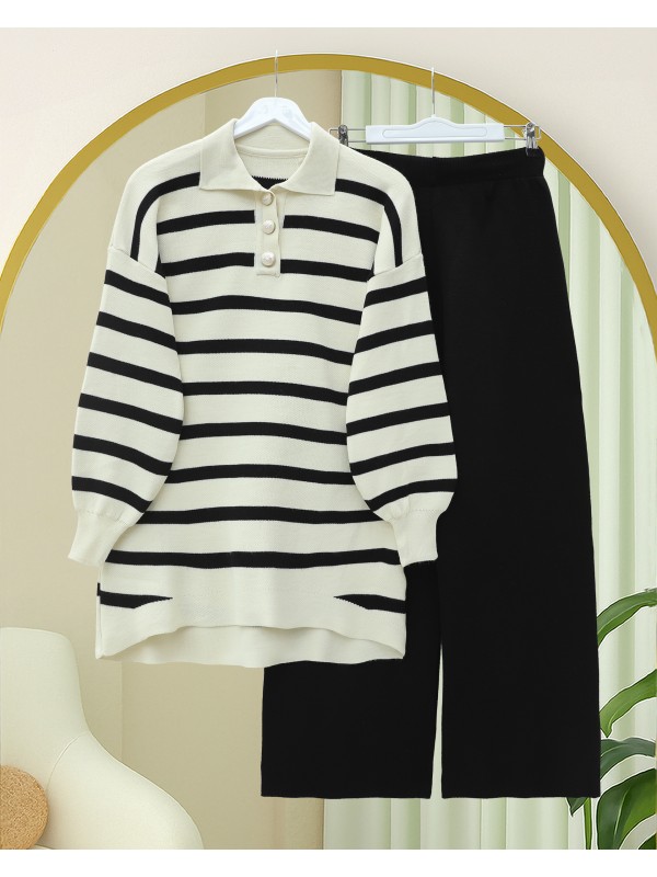 Polo Yaka Düğmeli Çizgili Triko Takım  -Siyah