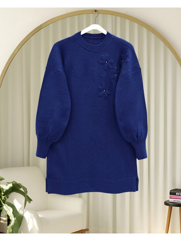 Çiçek Desenli Taşlı Yumoş Triko Kazak -Laci