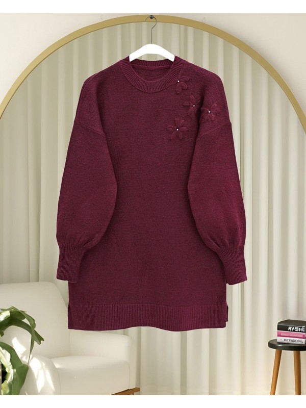 Çiçek Desenli Taşlı Yumoş Triko Kazak -Bordo