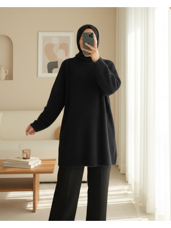 Sakallı Uzun Salaş Triko Tunik -Siyah