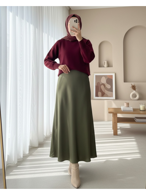 Beli Lastikli Saten Etek -Haki