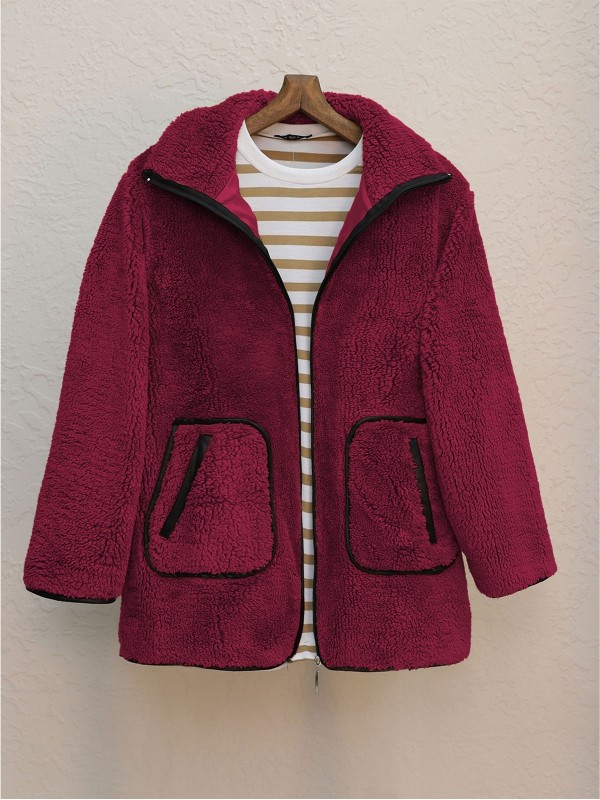 Çift Cepli Fermuarlı Astarlı Peluş Mont  -Bordo