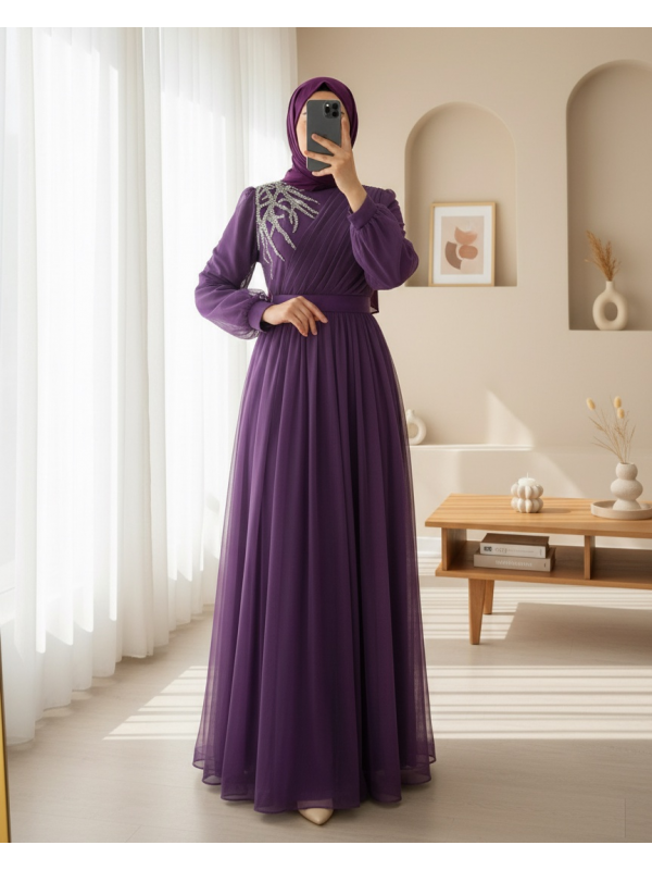 Önü Taş Detaylı Drapeli Kemerli Tül Abiye     -Mor