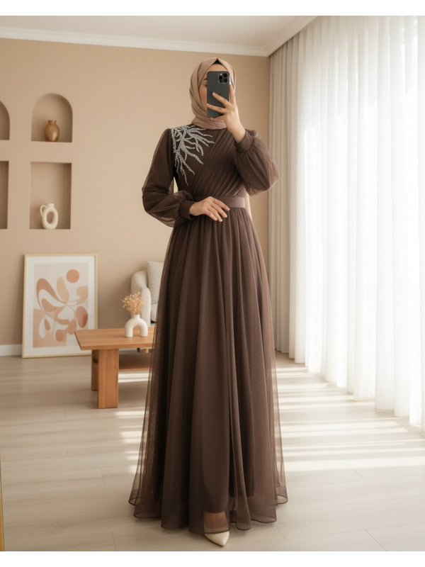 Önü Taş Detaylı Drapeli Kemerli Tül Abiye     -K. Kahve