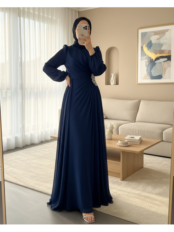 Kolu Lastikli Taş Detaylı Astarlı Janjan Abiye -Laci