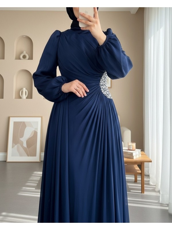 Kolu Lastikli Taş Detaylı Astarlı Janjan Abiye -Laci