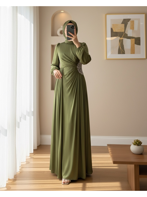 Kolu Lastikli Taş Detaylı Astarlı Janjan Abiye  -Haki