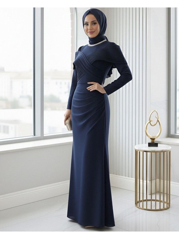 Yakası Taş Detaylı Omuzu Kat Drapeli Abiye -Laci