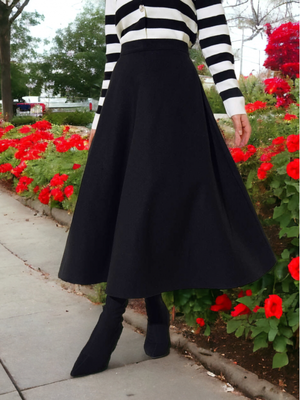 Fermuarlı Kaşe Çan Etek -Siyah