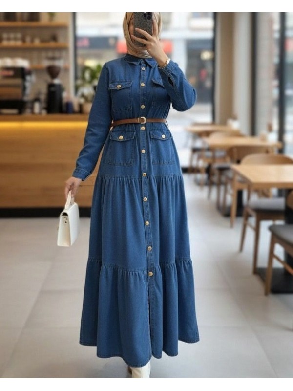 Boydan Düğmeli Cepli Kemerli Kot Elbise -Laci