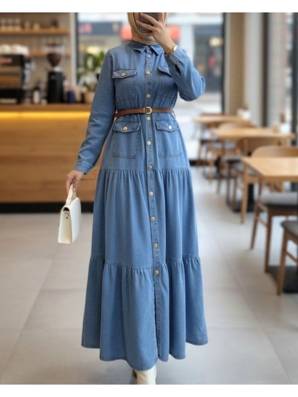 Boydan Düğmeli Cepli Kemerli Kot Elbise -Mavi