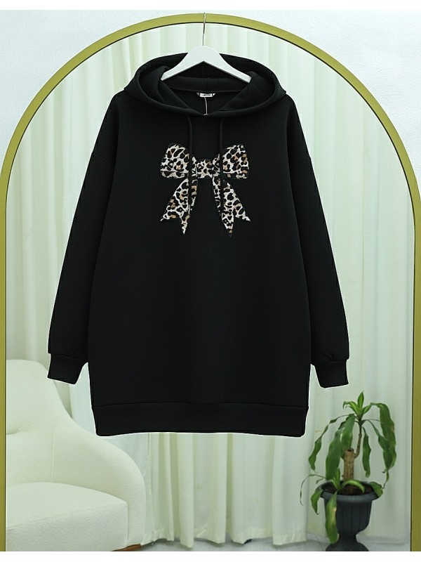 Fiyonk Detaylı Kapşonlu Penye Sweat -Siyah