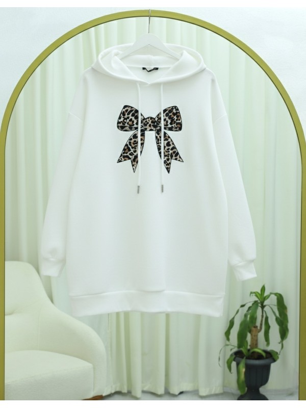 Fiyonk Detaylı Kapşonlu Penye Sweat -Beyaz