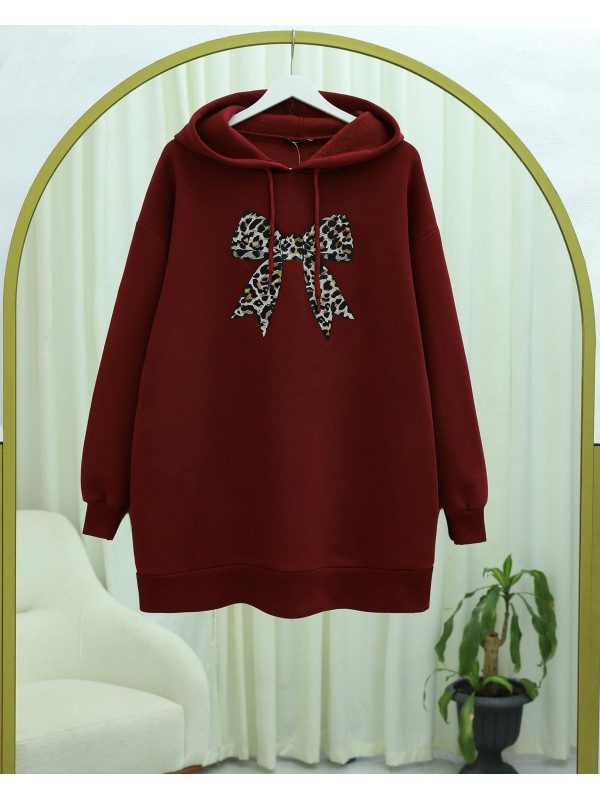 Fiyonk Detaylı Kapşonlu Penye Sweat -Bordo