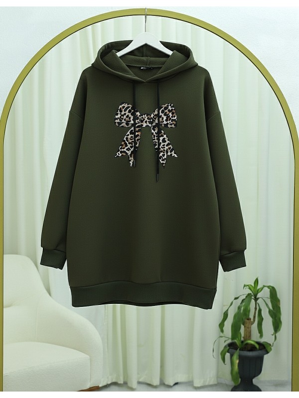 Fiyonk Detaylı Kapşonlu Penye Sweat -Haki